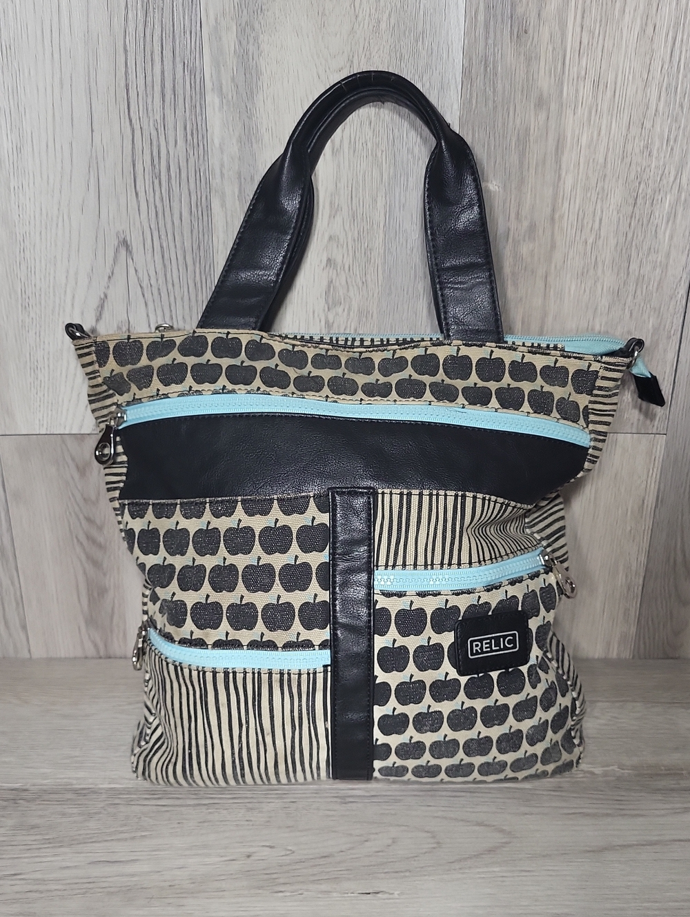 Relic Apple Print Medium Tote Canvas Handbag Teal Patchwork